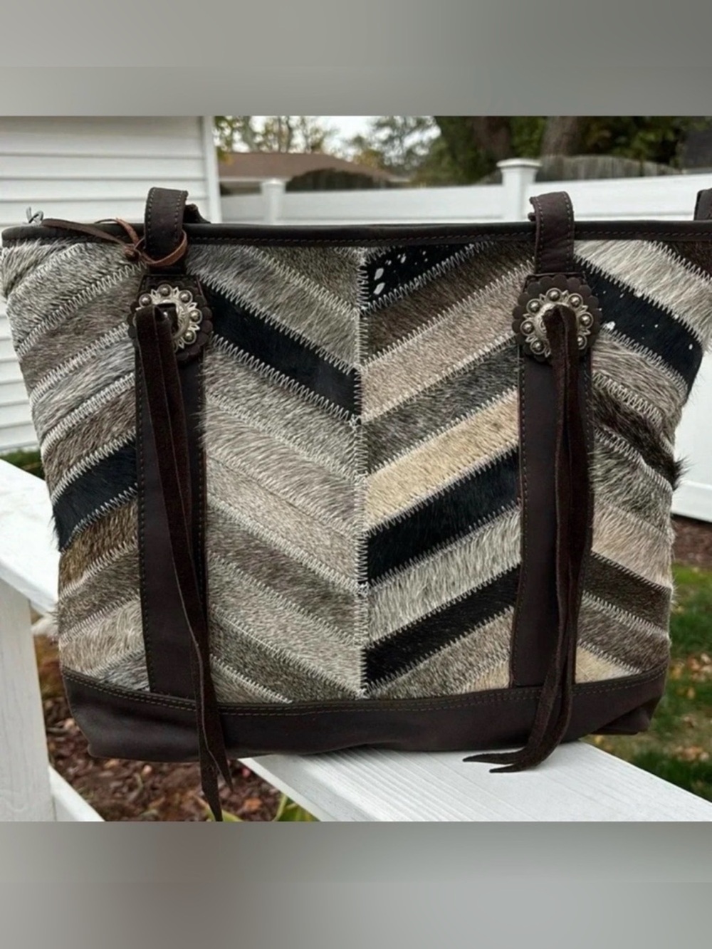 Chevron Haircalf Tote in Multi Neutral with Leather Trim